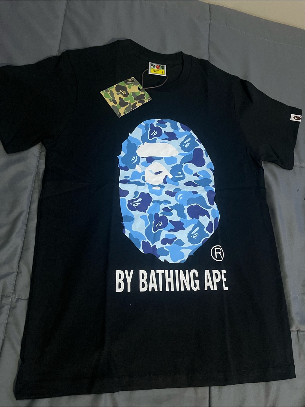 Bape Black Tee with Blue Camo Ape Head Graphic